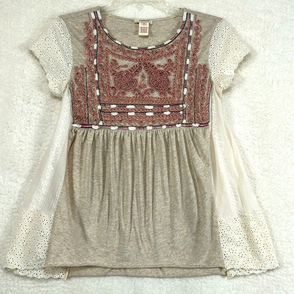 Sundance Embroidered tan/cream  Charlayne Smock short sleeve, BoHo Top sz. XS